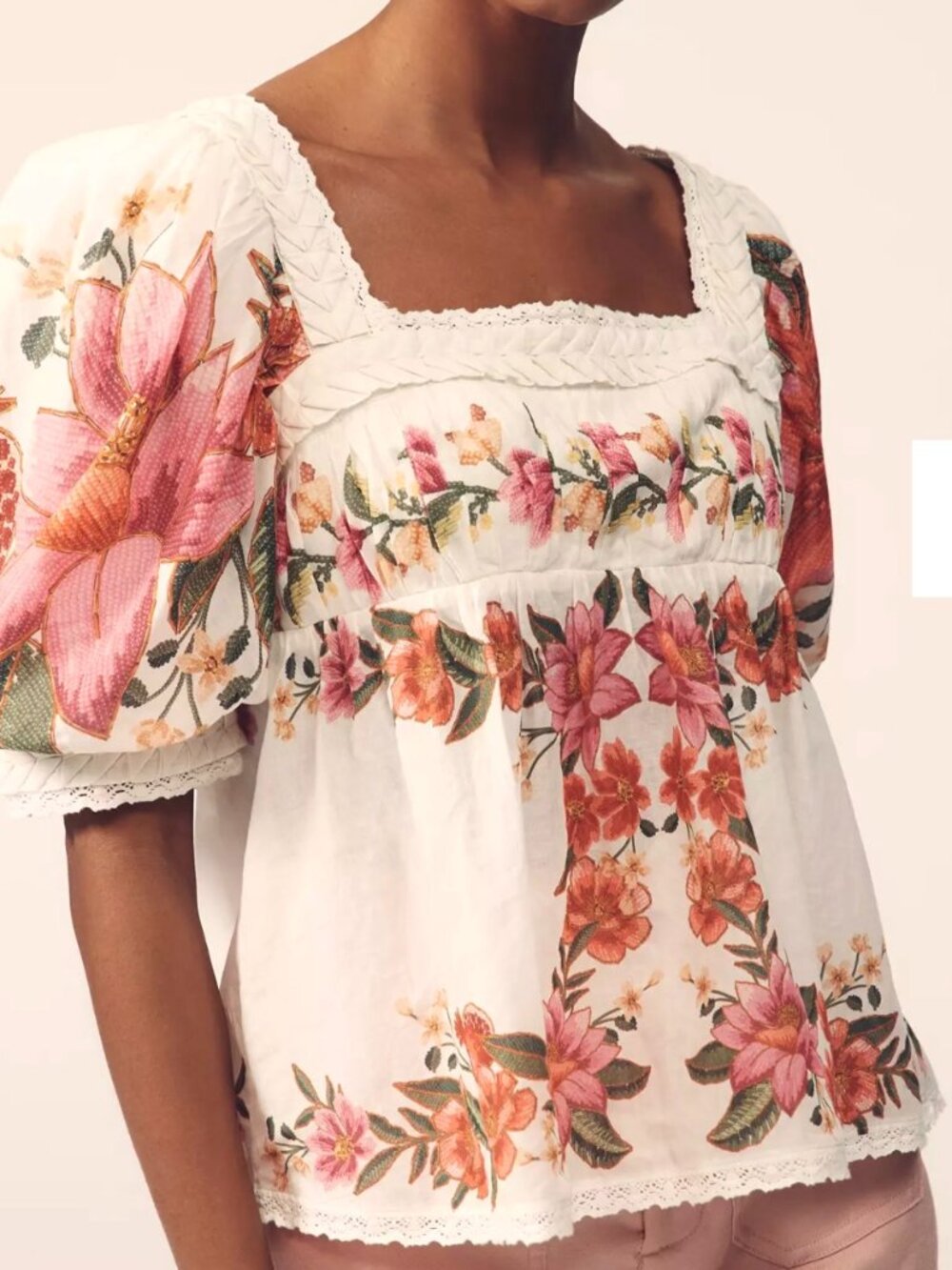 Farm Rio Summer Fruit Cotton Puff-Sleeve Off White Square-Neck Blouse XS